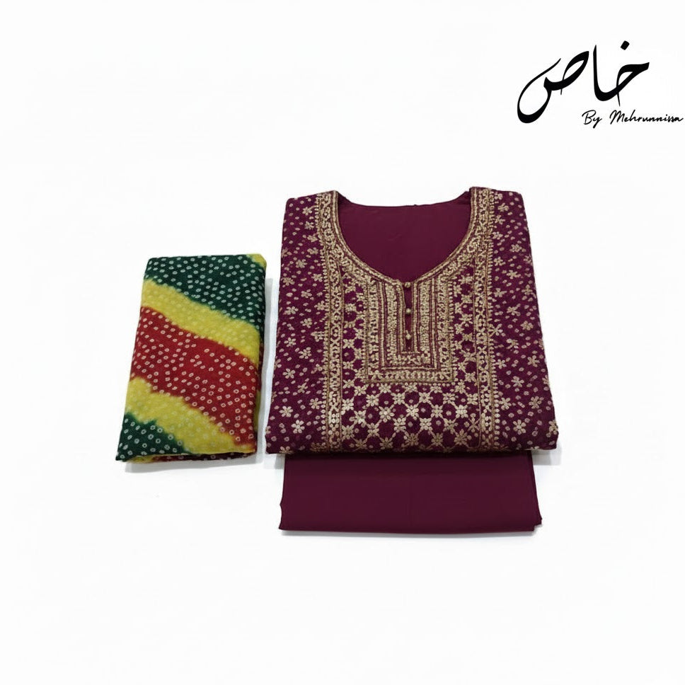 Mehroon Chunri Unstitched Suit – 2 Piece with Gotta Pasting Work