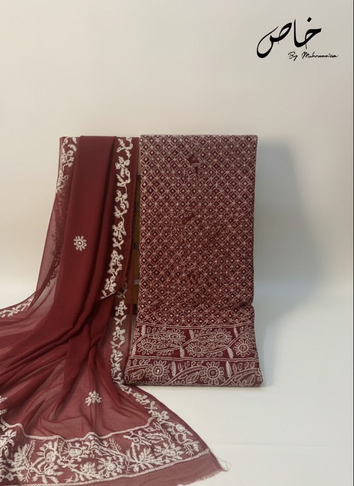 Mehroon Embroidered with Mukesh unstitched 2-piece