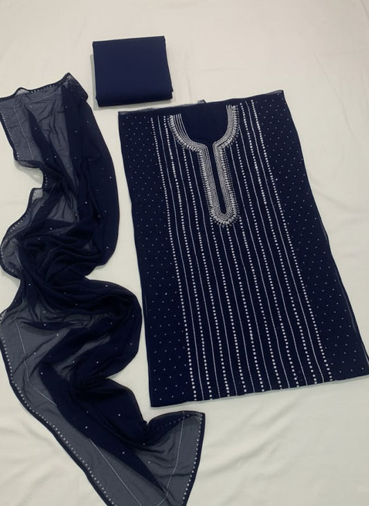 Luxury Blue Mukesh Unstitched Suit–2 Piece