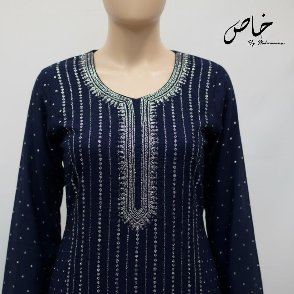 Luxury Blue Mukesh Unstitched Suit–2 Piece