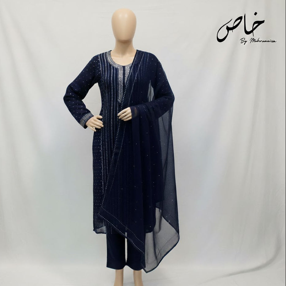 Luxury Blue Mukesh Unstitched Suit–2 Piece