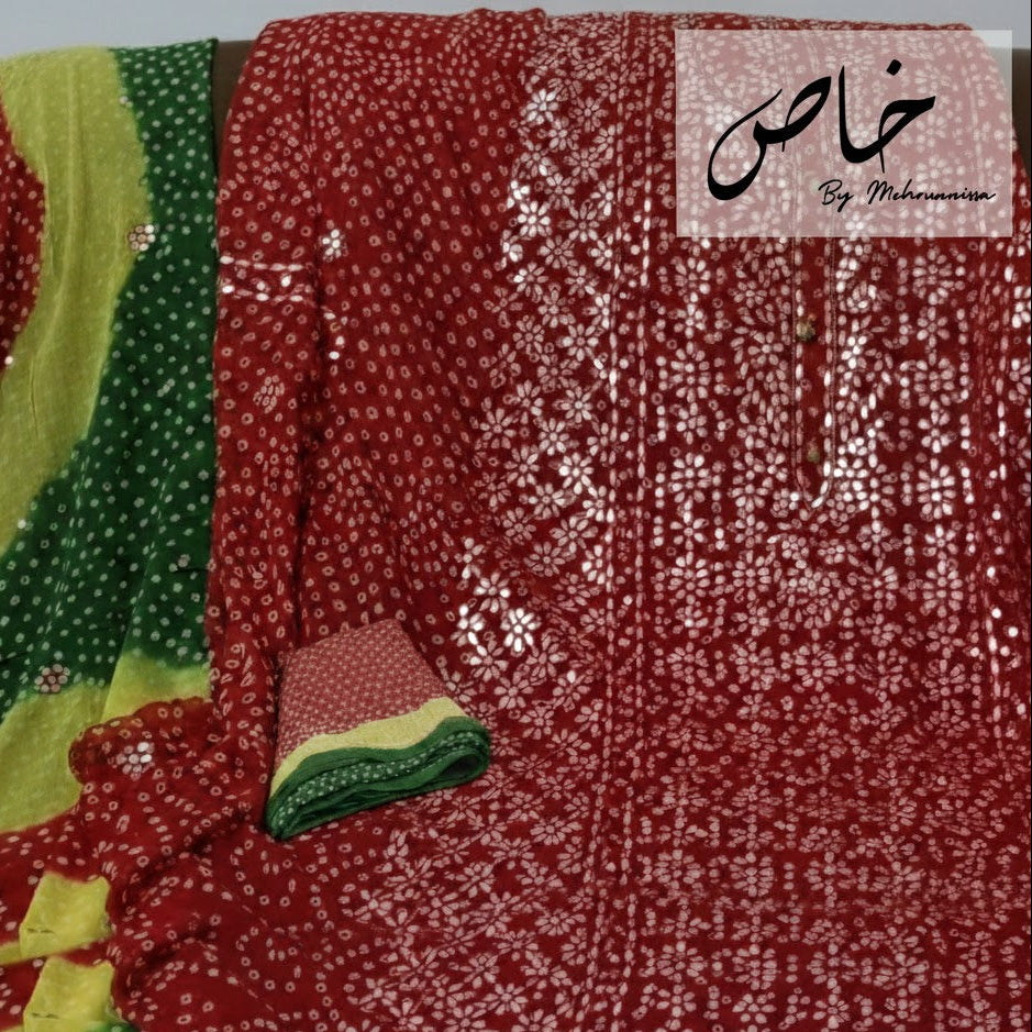 RED Chunri Unstitched Suit – 2 Piece with Gotta Pasting Work