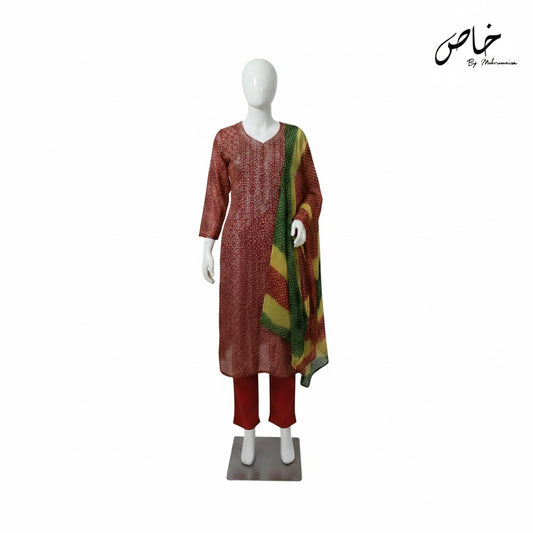 RED Chunri Unstitched Suit – 2 Piece with Gotta Pasting Work