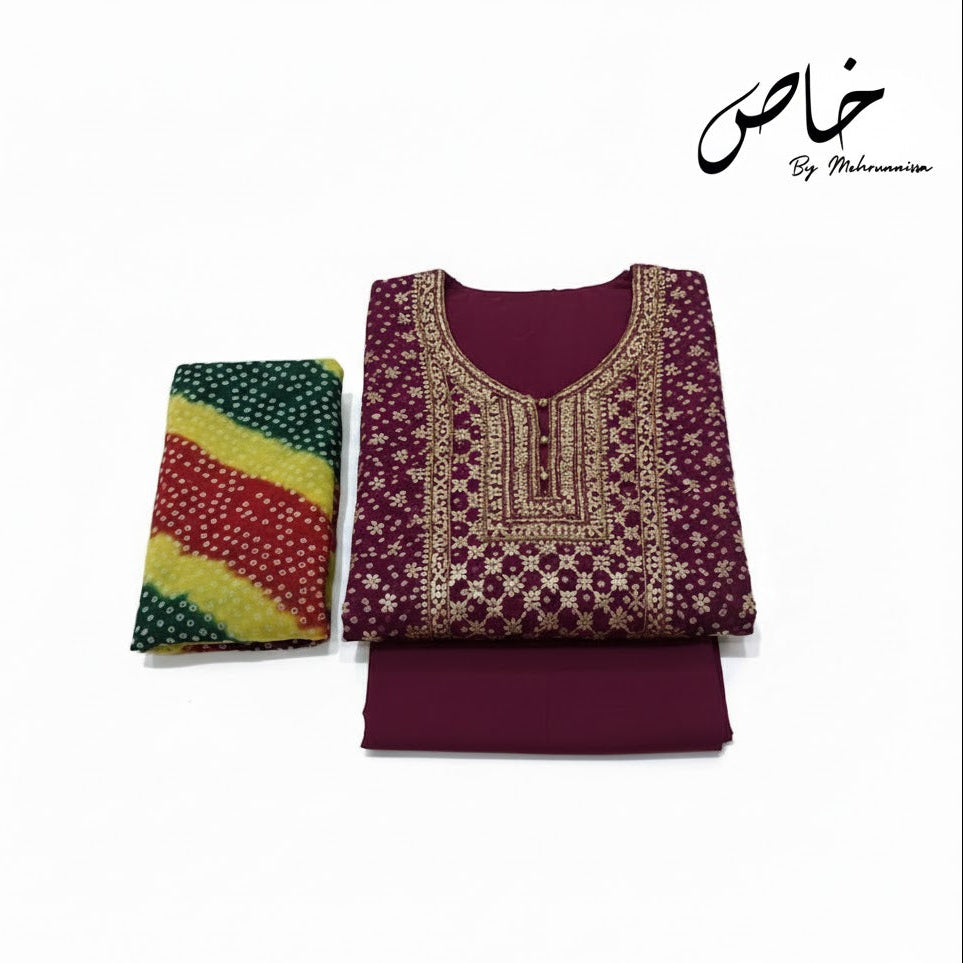 Mehroon Chunri Unstitched Suit – 2 Piece with Gotta Pasting Work