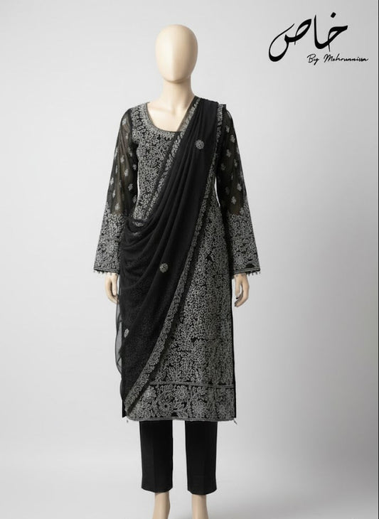 Elegant Black Embroidered Suit – Unstitched 2PC