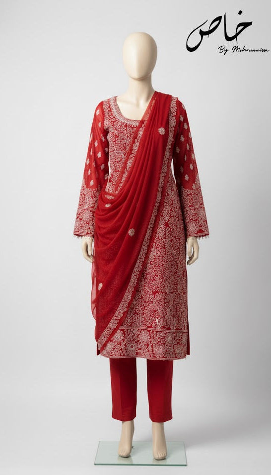 Elegant Red Embroidered Suit – Unstitched 2PC