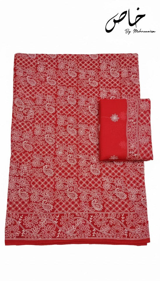 Elegant Red Embroidered Suit – Unstitched 2PC