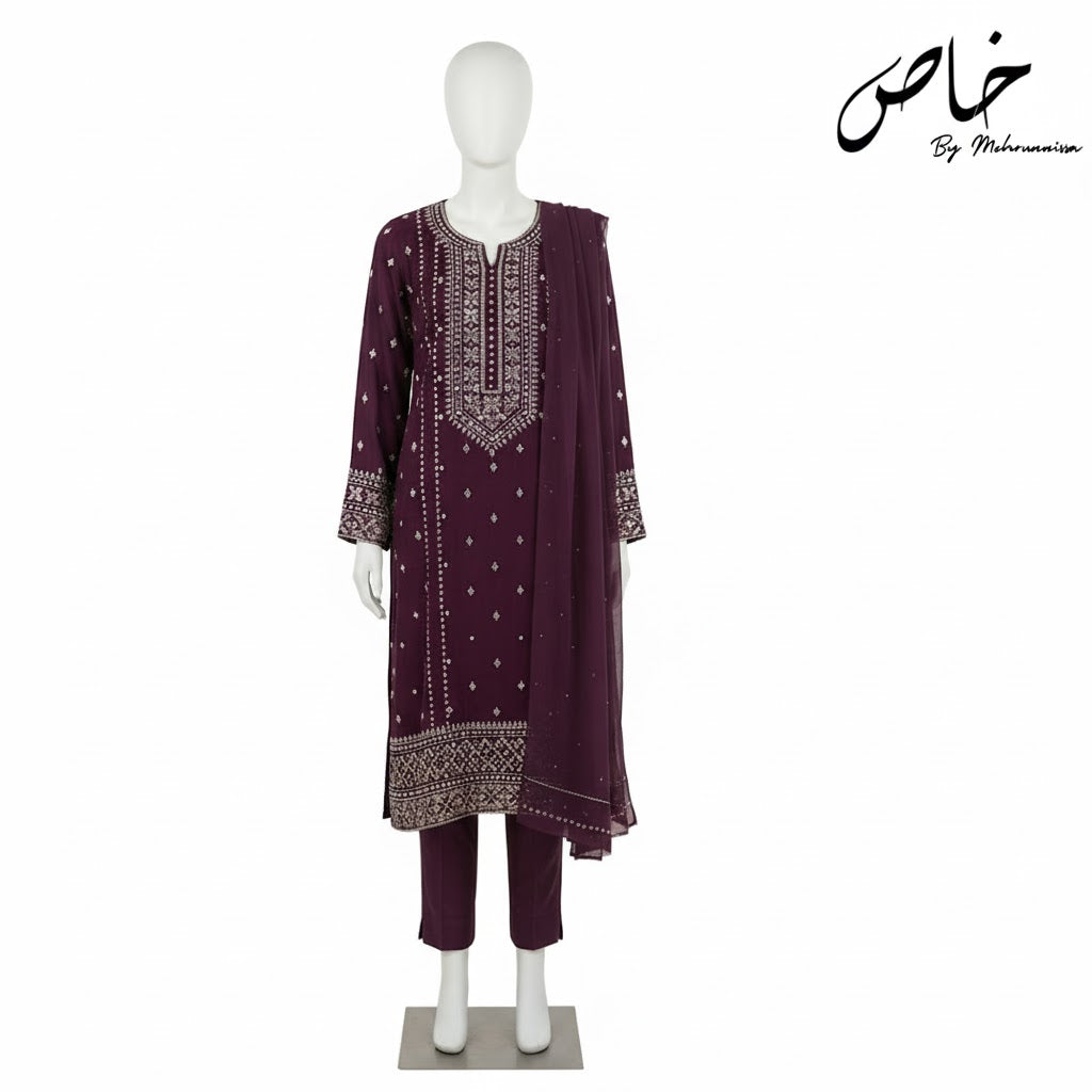 Purple Mukesh Glow Unstitched 2-piece